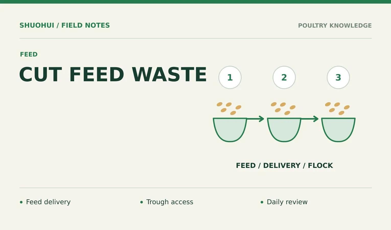 Cut Feed Waste: Feed delivery, Trough access, Daily review. Knowledge diagram for the article.
