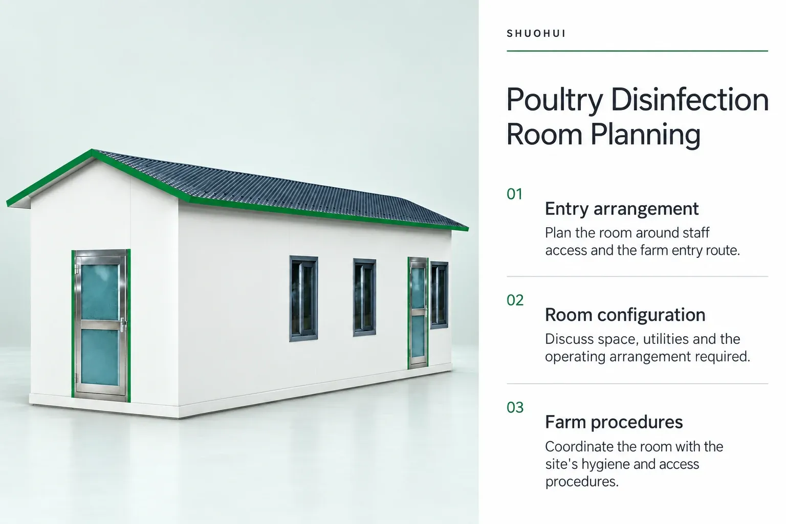 Poultry Disinfection Room Planning: Entry arrangement, Room configuration, Farm procedures.