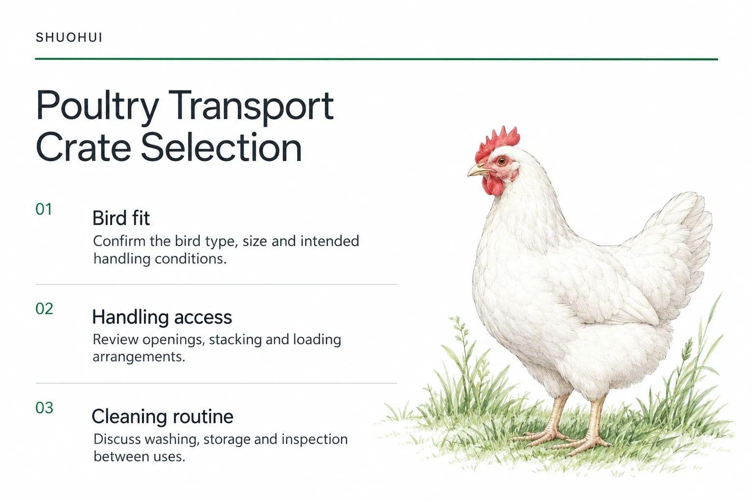 Poultry Transport Crate Selection: Bird fit, Handling access, Cleaning routine.