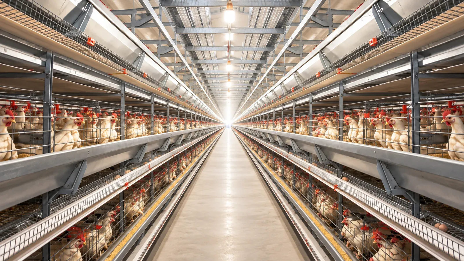 Layer hens in tiered housing rows