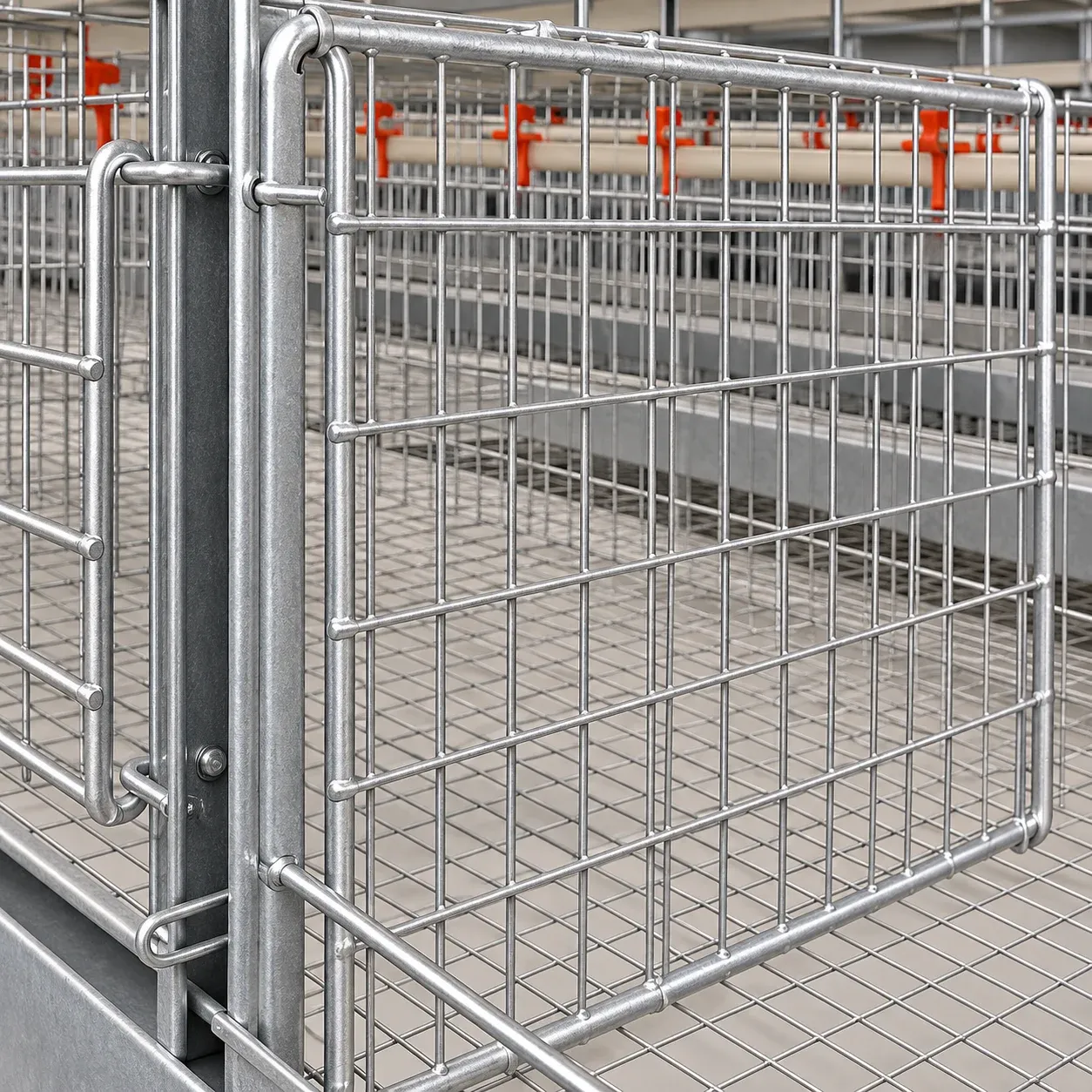 Cage-door hinge and wire-mesh detail