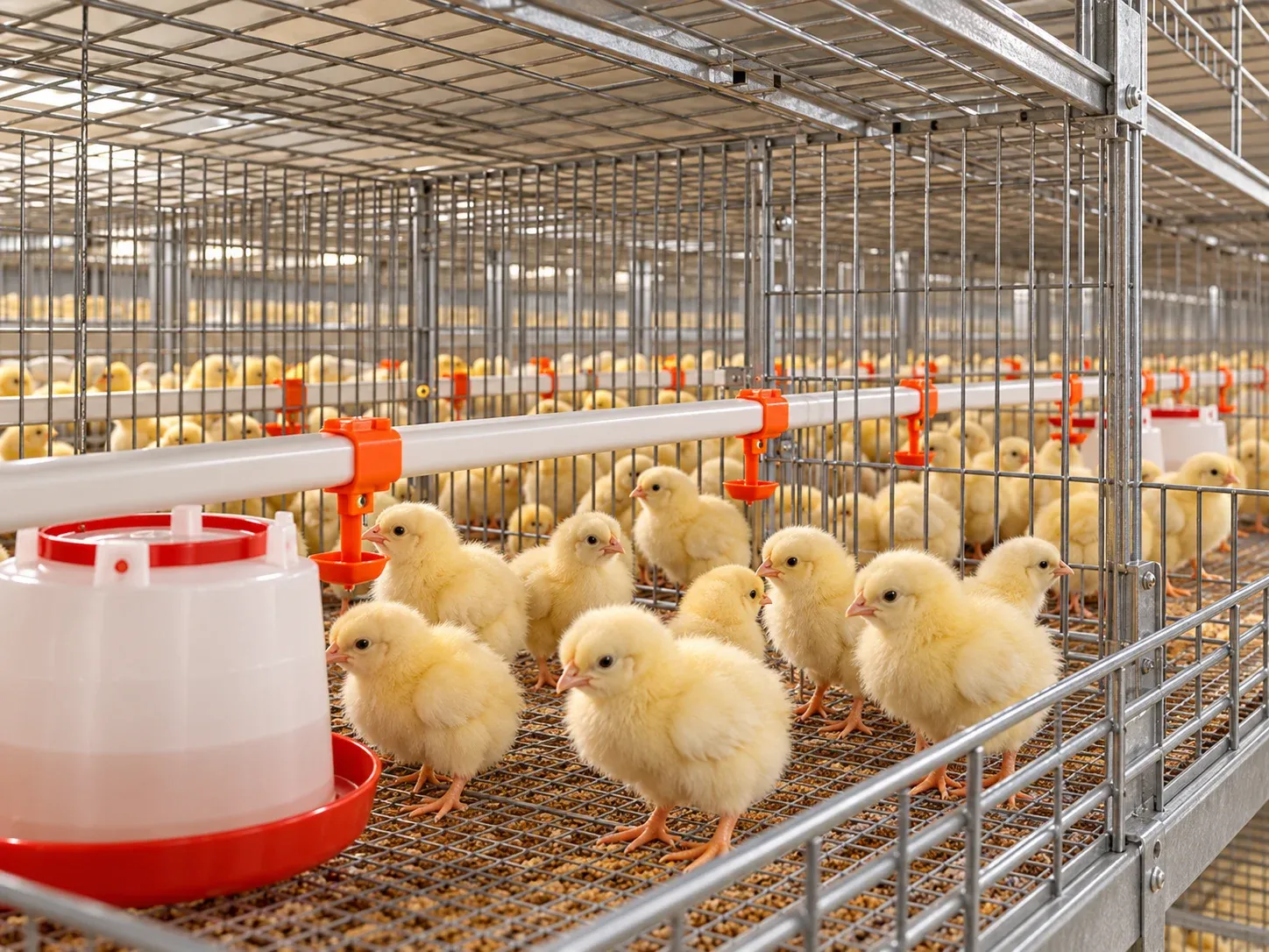 Chicks beside drinking equipment in a rearing cage