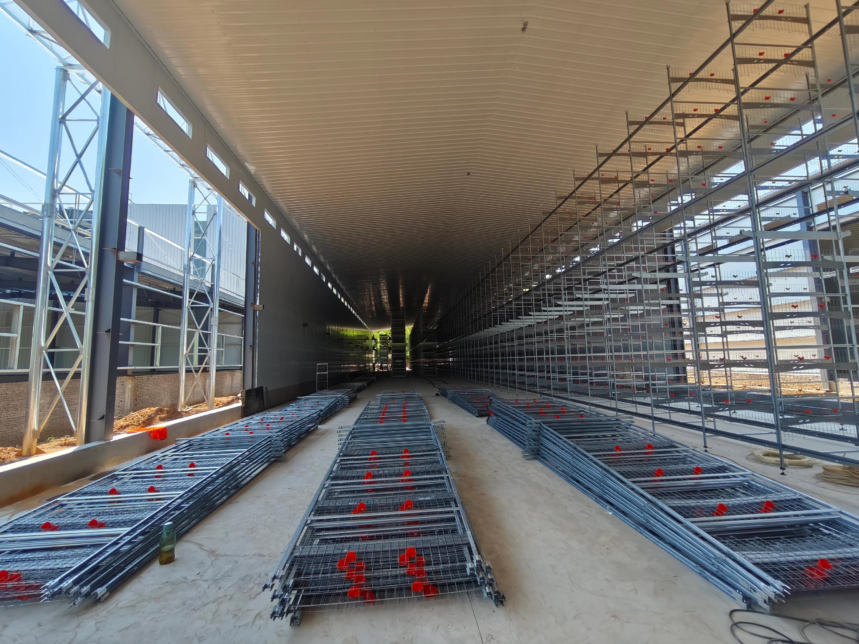 Partially installed cage rows and loose panels inside a poultry house